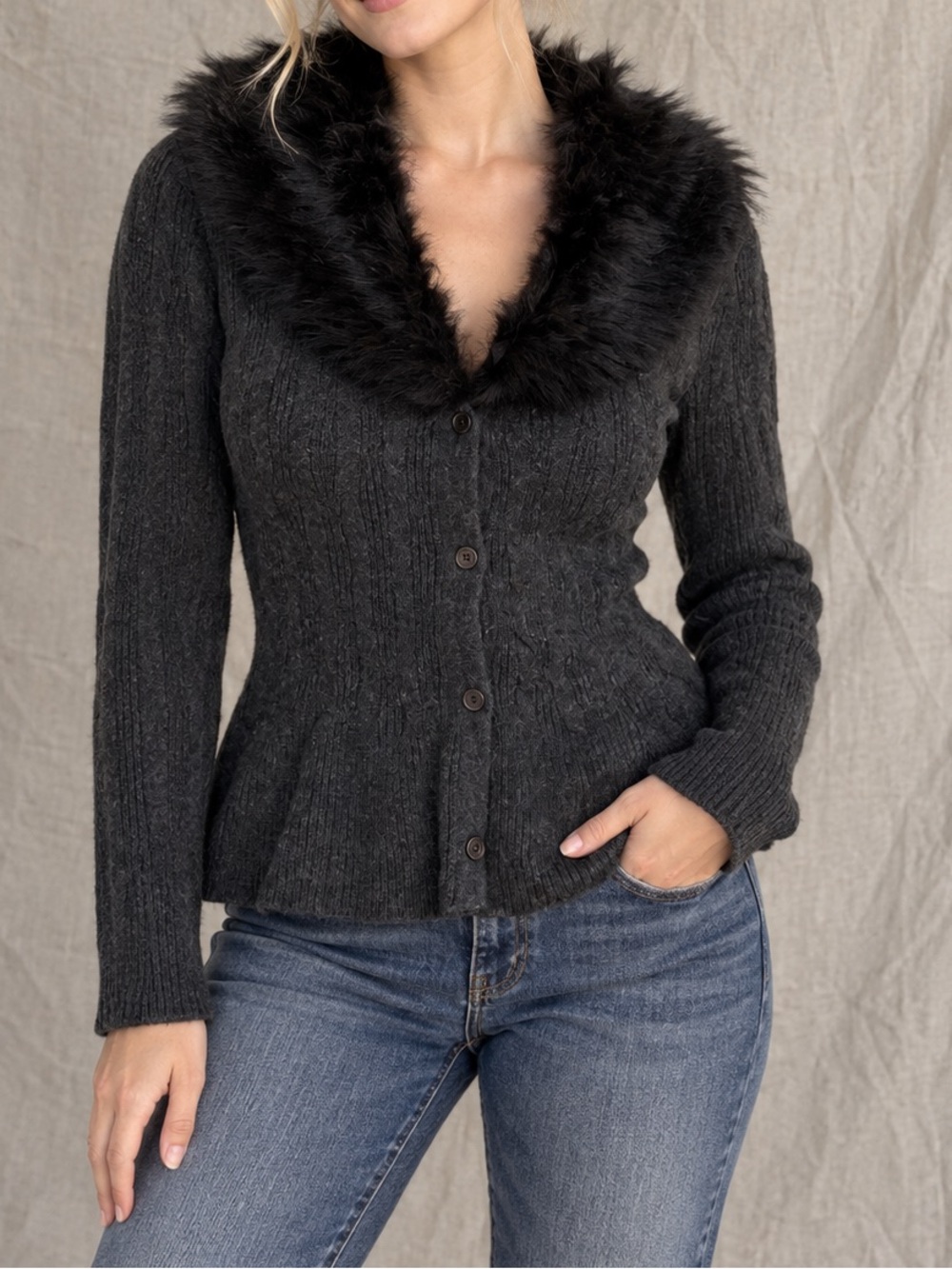 Vintage Y2K Cupio Angora Wool Cardigan Faux Fur Collar Peplum Medium